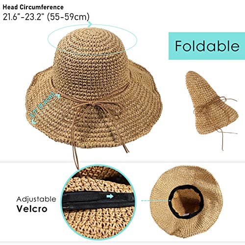 Women's Foldable Straw Sun Hat Wide Brim Upf 50+ Crochet Summer Floppy Beach Hat Khaki #TOP4