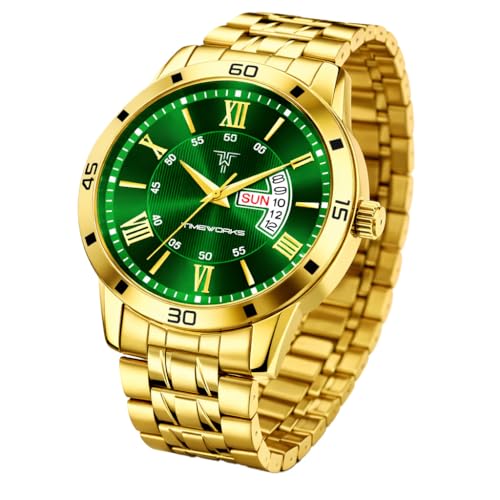 Image of TIMEWORKS Stainless Steel Designer Golden Round Shape Day & Date Dial Men's & Boy's Analog Watch, Band Color:Gold