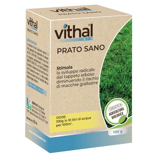 VITHAL Prato Sano Bio - Stimolatore Radicale per Tappeti Erbosi, Riduce Macchie Giallastre e Feltro, 100 g per 100 m² - Concime Naturale Consentito in Agricoltura Biologica