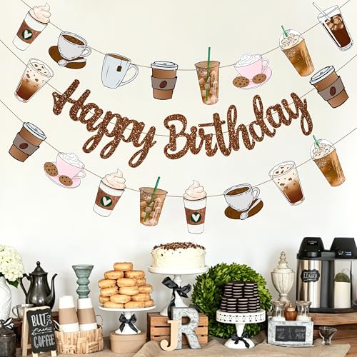 Coffee Lover Happy Birthday Banner, Brown Glitter Coffee Cup Happy Birthday Garland for Espresso Martini Part Party Supplies by C L cooper life - Used condition - Image 9