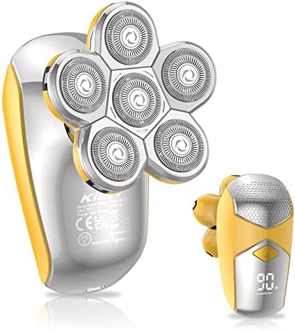 Head Shaver for Men, Kibiy 5-in-1 Head Shavers for Bald Men, Cordless LED Bald Head Shaver, IPX7 Waterproof 7D Rotary Shaver Grooming Kit with Nose Hair Trimmer Type-C Charge – Black (Yellow)