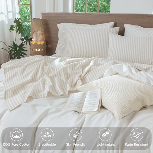 Image of MooMee Striped Sheet Set 100% Washed Cotton Linen Like Queen