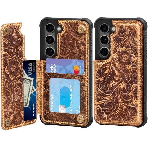Étui en cuir Samsung S23 avec porte-carte et clapet antichoc marron