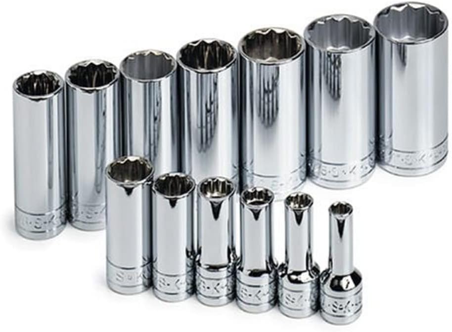 SK Professional Tools 4453 13-Piece 3/8 in. Drive 12-Point Deep Fractional Socket Set - Chrome Socket Set with Super Chrome Finish | Set of 13 Sockets Made in USA