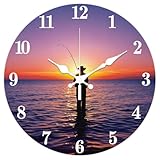 CHGCRAFT Westküste Angeln Muster Wanduhr 12 Zoll Nicht Tickende Uhren Sonnenuntergang am Meer Runde Wanduhr Batteriebetrieben für Schlafzimmer Wohnzimmer Küche Büro