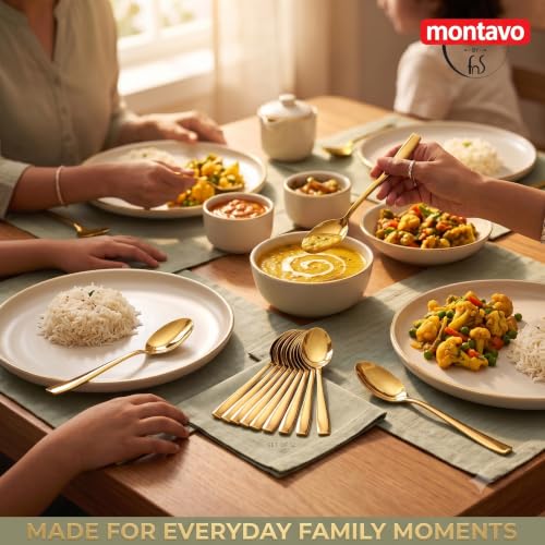 Image of Montavo by FnS 12 Pieces Stainless Steel Golden Dinner Spoon Set | Premium Mirror Finish | Rust Resistant, Dishwasher Safe | Luxury 16cm PVD Gold Table Spoons for Home, Kitchen, Restaurant & Gifting