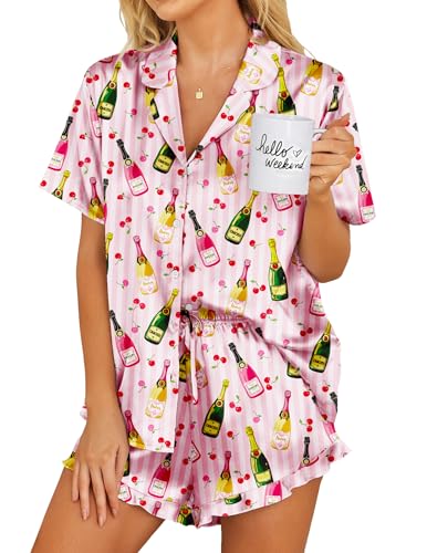 Image of Ekouaer Womens Satin Pajamas Set Button Down 2 Piece Silk Pjs Shorts Set Ruffle Lingerie Notch Collar Sleepwear