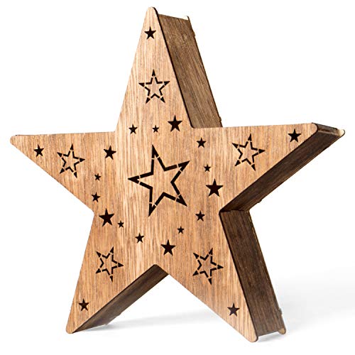 SnowEra LED Madera Decoración, decoración navideña, iluminación de Navidad con 10 LED 's con pilas  Luz cálida color blanco, Forma: Estrella 1  50 cm  FSC 100%