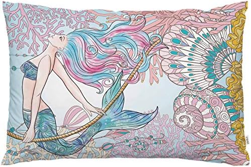 EKOBLA Throw Pillow Cover Mediterranean Style Mermaid Ocean Theme Nautical Animal Beach Seaweed Seashell Decor Lumbar Pillow Case Cushion for Sofa Couch Bed Standard Queen Size 20x30 Inch