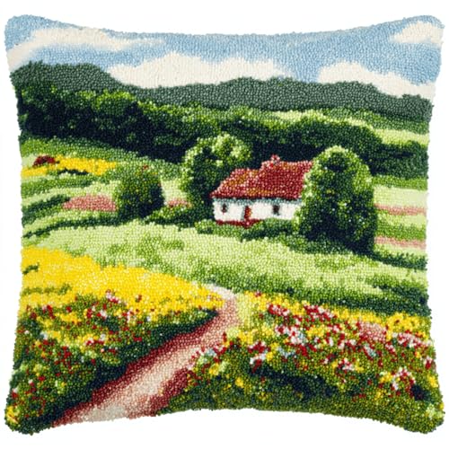 Juego de cojines de nudos para relajarse, kit de cojín de gancho para atar sin estrés, completo con instrucciones y herramientas, para niños y adultos, principiantes, 43 x 43 cm, paisaje de verano