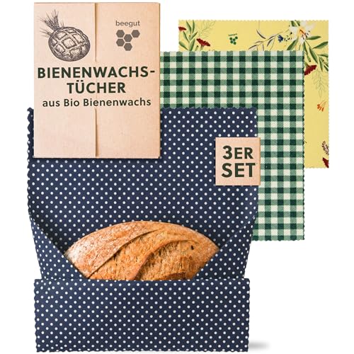 beegut BIO Bienenwachstücher 3er Set aus Deutschland Lebensmittel frisch halten nachhaltige & wiederverwendbare Alternative zur Frischhaltefolie konform als Lebensmittelverpackung