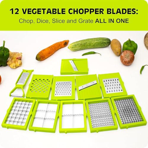 Image of Tekcool 12 in 1 Multipurpose Chopper, Fruits & Vegetable Cutters, Grater Peeler Chipser, Unbreakable Food Grade Body, Easy Push to Clean Button Slicer Dicer, Chopper for Kitchen (Green, Plastic)