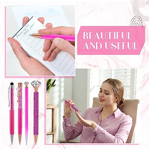 Image of Janmini Metal Crystal Glitter Ballpoint Pen Set 9 Pcs Black Ink Cute Cute Things Novelty Gifts for Women Girls Birthday Home Office (Neon Pink)