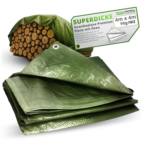 ToolSpace SUPERDICKE Gewebeplane Premium Plane mit Ösen 4x4 m Wetterfest Abdeckplane UV Beständig Tarp Outdoor Garten Wasserdicht Schutzplane Bauplane GRÜN 90g/m2 Reißfest Industrieplane Bootplane