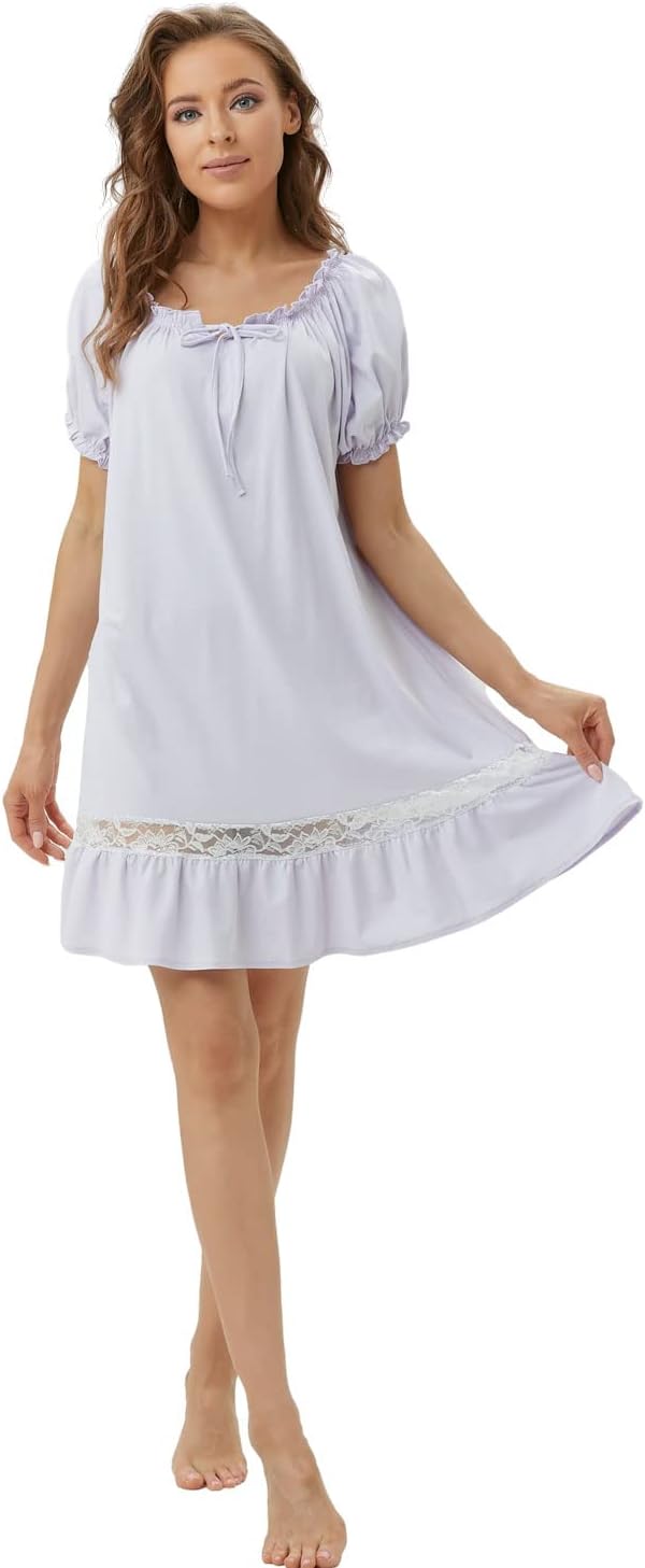 Women Cotton Nightdress Short Sleeve Vintage Nightgown Off the shoulder Loose Princess Dressing Gown - Image 5