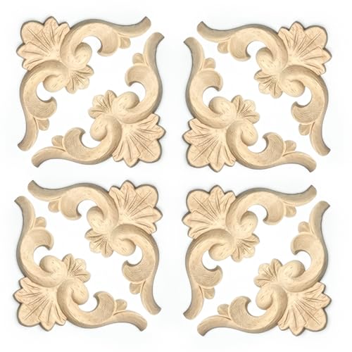 Vilanca 20Pcs Decorative Wood Flower Carved Appliques 2.4inch Corner Onlay DIY Unpainted Solid Wooden Carved Corner Decal for Furniture Wardrobe Mirror Photo Frame Closet Decoration