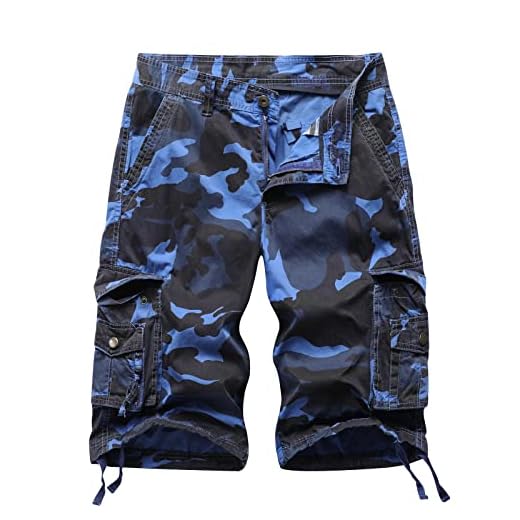 DGWZ Bermuda cargo masculina de sarja de algodão com vários bolsos, ajuste folgado abaixo do joelho, shorts cargo camuflados para homens, Camuflagem azul, 42