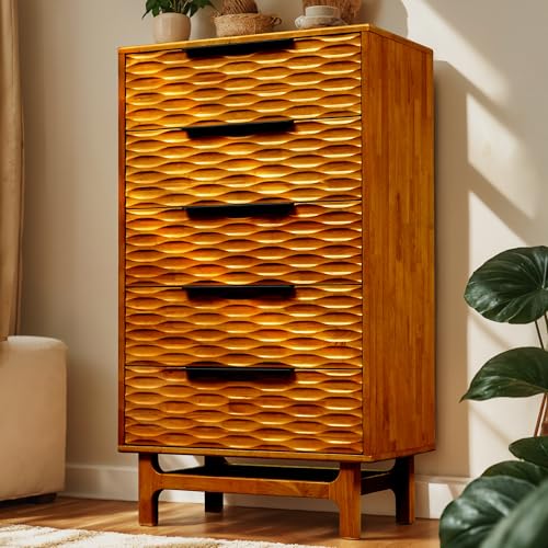 Acacia Elara 27" Solid Wood Dresser with 5 Drawers, Caramel