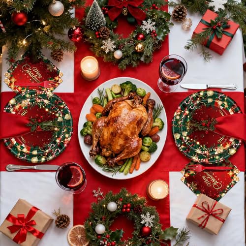 100 Pcs Merry Christmas Party Supplies - Serves 25, Red Green Holiday Disposable Tableware, Includes Paper Plates, Napkins, and Plastic Forks for Xmas Dinner, Winter Celebrations, Seasonal Decorations – Image 6