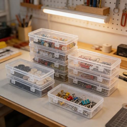 Image of Goodma 8 Pieces Rectangular Empty Mini Clear Plastic Organizer Box | 6.5 x 2.56 x 1.38 Inch, Hinged Lids, For Small Items, Craft Projects