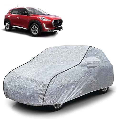 Image of Sulfar 100% Waterproof Car Body Cover Compatible with Mirror for Nissan Magnite (Triple Stitched, Full Bottom Elastic, Magic Silver with Black Piping)