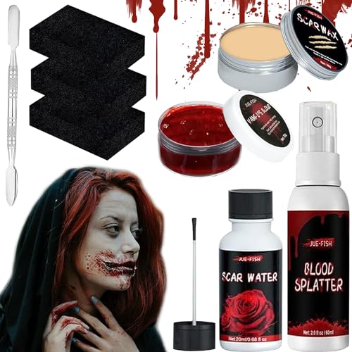 Photo de Maquillage Halloween Effets Spéciaux, Kit de Maquillage Halloween, Faux Sang en Spray + Cire De Cicatrice + Faux Gel Coagulé + Eau Cicatrice + Éponge à Pointillés + Spatule, Maquillage de Vampire