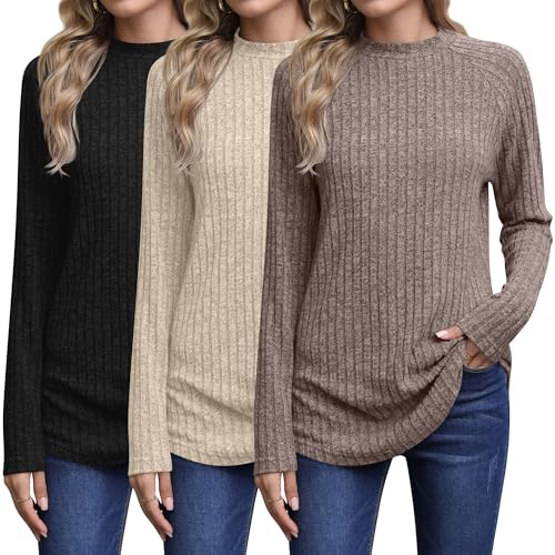 3 Pack Women's Fall Tunic Tops, Long Sleeve Mock Turtleneck Lightweight Sweaters Loose Curved Hem Ribbed Shirts