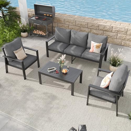 Image of Aluminum Patio Furniture Set, 5 Seats Metal Outdoor Conversation Set Modern Sectional Sofa with Upgrade Cushion and Coffee Table