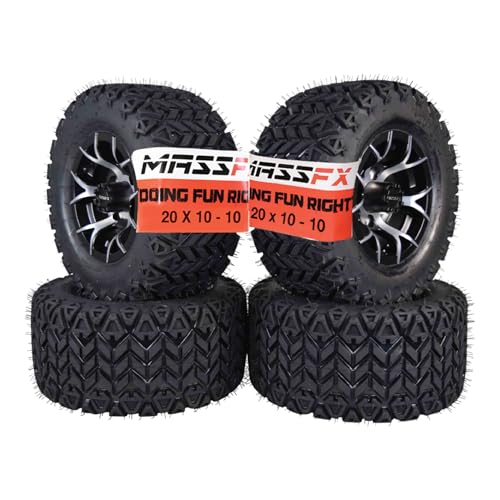 MASSFX SL 20x10-10 Front or Rear Golf Cart Turf Tire 4 PLY and Custom PIT VIPER Black Wheel Kit - 20x10x10; 20/10x10 10x7 4/101.6 (4) Tires & (4) Wheels