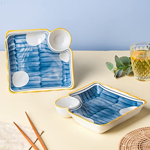 Image of Nestasia Set of 2 Ceramic Chip and Dip Snack Plate with Dip Section | Microwave & Dishwasher Safe Starter Plates | Perfect for Fries, Momos, Sushi, Kebab (White & Blue)