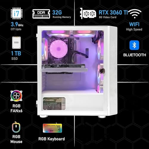Image of STGAubron Gaming PC Desktop, Intel Core i7 up to 3.9G, GeForce RTX 3060 Ti 8G, 32G DDR3, 1TB SSD, WiFi, BT 5.0, RGB Fan x 6, Windows 11 Home