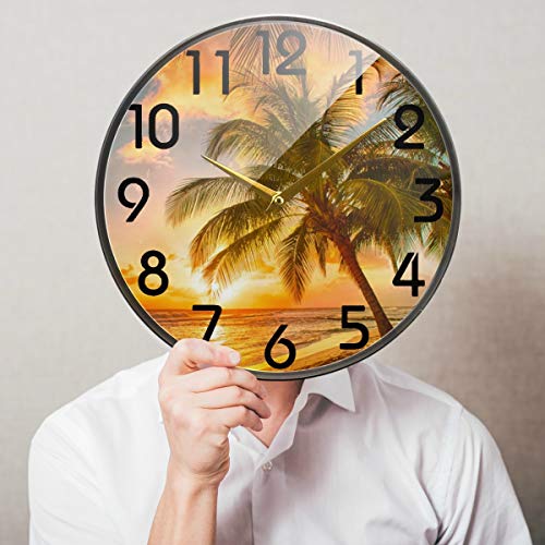 Naanle 3D Beautiful Summer Sunset Beach Palm Tree Round Wall Clock, 9.5 Inch Silent Battery Operated Quartz Analog Quiet Desk Clock for Home,Office,School,Library - Image 3