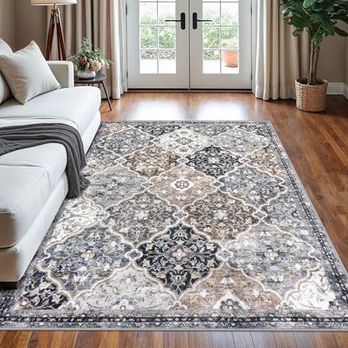 KILOCOCO 5x7 Area Rug, Vintage Floral Moroccan Super Soft Washable Living Room, Non-Slip Large Print Faux Wool Accent Throw Rug for Entryway Bedroom Office Carpet, Greenish Gray Beige