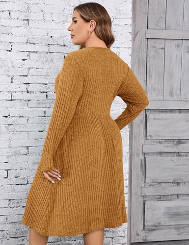 Image of Women's Plus Size Casual Sweater Dress Square Neck Long Lantern Sleeve Tie Waist Loose Pullover Sweater Dresses