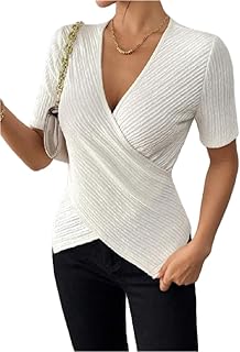 بلوزة محبوكة بنمط مميز للنساء، بياقة على شكل V، بأكمام قصيرة وقصة ضيقة سليم فيت، لون الأبيض