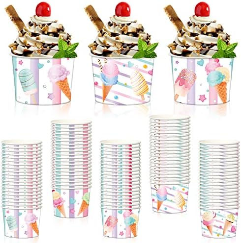 Meanplan 100 Pcs Ice Cream Cups Disposable 7 oz Ice Cream Paper Bowls Treat Disposable Dessert Soup Cups for Hot or Cold Food Sundae Yogurt Snack Party Supplies