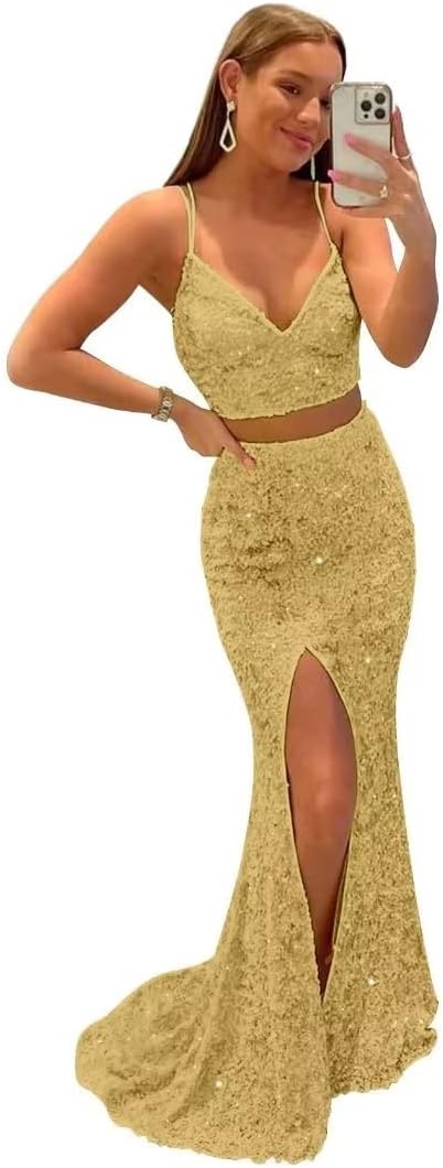 Two Piece Sequin Prom Dresses Long Mermaid V Neck Sparkly Spaghetti Straps Formal Dress Evening Gowns with Slit
