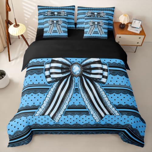 Loussiesd Juego de funda de edredón con sábanas para niños y niñas, diseño de lazo azul, 7 piezas, ropa de cama de princesa en una bolsa, decoración de habitación, microfibra suave y ligera