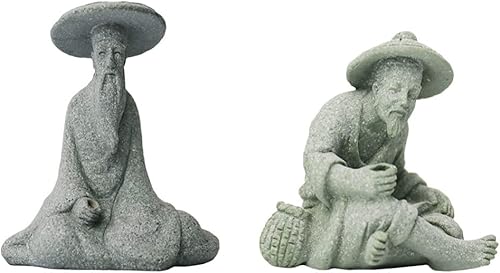 2 mini figuras de pescador de piedra arenisca china sentado pesca jardín estatua adorno para pecera micro paisaje bonsái hadas jardín decoraciones