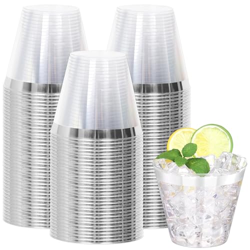 Image of 100 Pcs Silver Plastic Cups,9Oz Silver Rimmed Plastic Cups,Heavy Duty Clear Disposable Plasitc Cocktail Tumblers Wine Cup for Party,Wedding,Birthday,Christmas