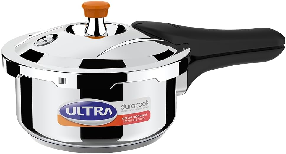 ULTRA Duracook 2.L StainlessSteel Outer Lid,AISI 304 Food Grade SS Pressure Cooker (2 Litre),Froth Collector,spillage Control,Induction&cooktop Compatible,Injection Moulded Bakelite Handles,ISI.