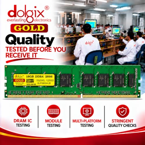Image of Dolgix Gold 16GB DDR4 Desktop RAM 2666MHz (Memory) U-DIMM | Long-DIMM | CL-19 | 1Rx8 Dual Rank PC4-21333, Warranty -5 Years (Made in India)