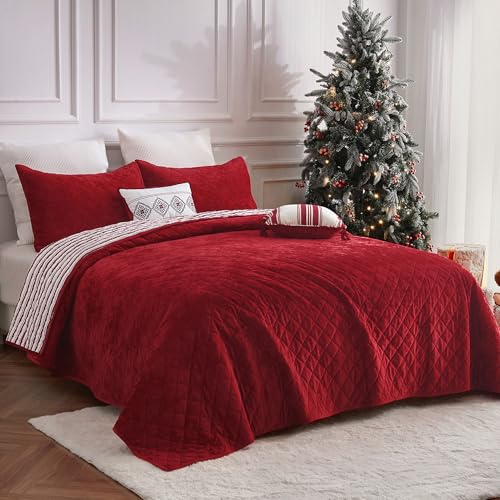 Image of Wonderful Christmas Cotton Stripe Quilt 5-Piece Set,King Luxury Red Velvet Quilt Set,All-Season Breathable Bedding with 2 Elegant Cushions,Versatile for Bedroom, Fit for Adults, Teens & Kids,104 inchx94 inch