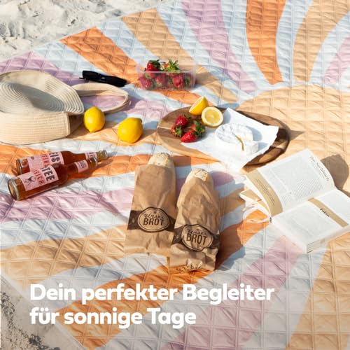 NAYA Studios® Picknickdecken (Sonne) - extra große Picknickdecke 200x200 cm - waschbare Campingdecke - Stranddecke XXL - Picknickdecke wasserabweisend - Decke Outdoor - Strandmatte gepolstert