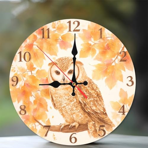Lancholy Autumn Owl Wall Clock Home Decor 10-Inch Wooden Wall Clock, Silent Movement, Battery Operat