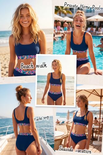 Image of Beautikini Period Swimwear Two Piece Menstrual Leakproof Swimsuit Bikini Sets Mid Waist Print Bathing Suit for Women