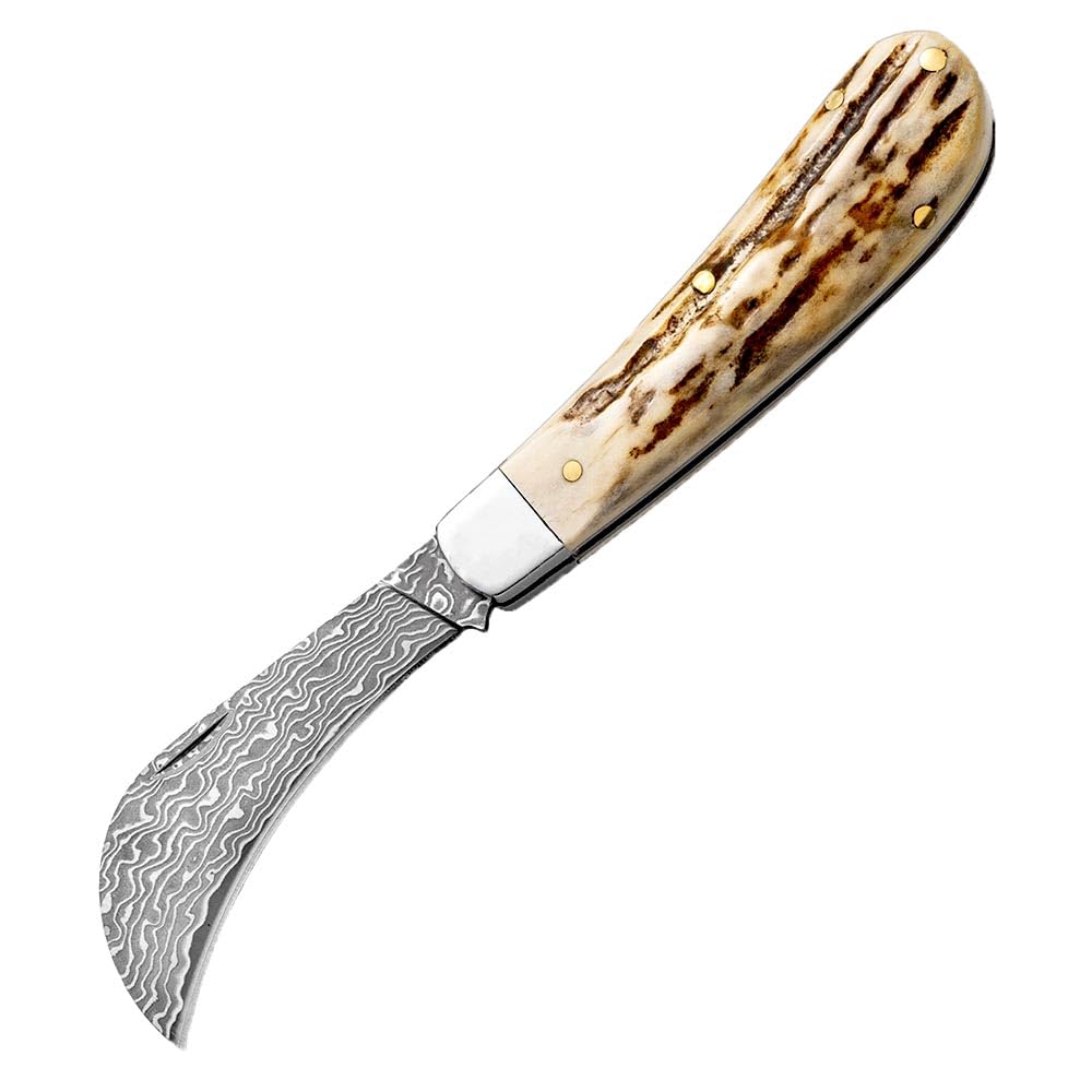 Klappmesser Edc Klein Taschenmesser damast Outdoor aus Natur geweih Neck knife geschmiedet Damaszener Stahl messer Survival Camping Jagdmesser Einhandmesser Scharfe, Damaskus faltmesser, Leder Holster