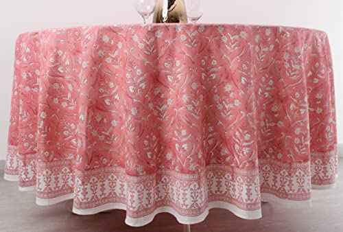 Ridhi Tablecloth 100% Cotton, Washable Table Cloths With Indian Hand Block Print For Kitchen Dining Tabletop Decoration, Picnic, Events, Parties, Weddings, Sweet Pink And White, 90 Inch Round #TOP3
