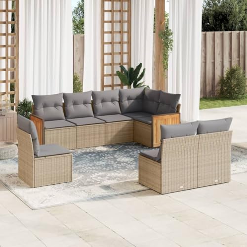 8 Piece Garden Sofa Set with Cushions, Beige Poly Rattan Outdoor Sectional, Modular Patio Couch for Backyard Furniture, UV-Resistant Seating