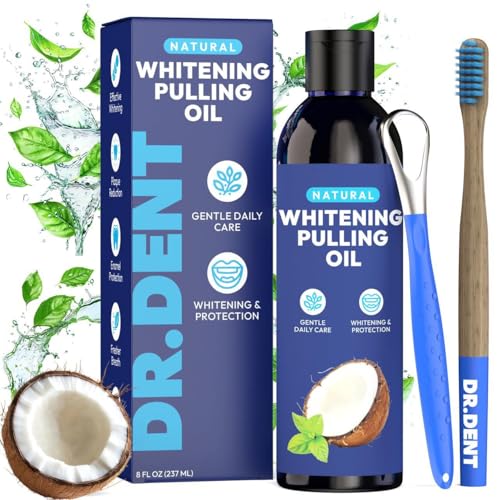 DR.DENT Enjuague bucal con aceite de coco, blanqueamiento dental natural y aliento fresco, sin alcohol, sin flúor, 237 ml, cepillo de dientes y raspador de lengua incluidos